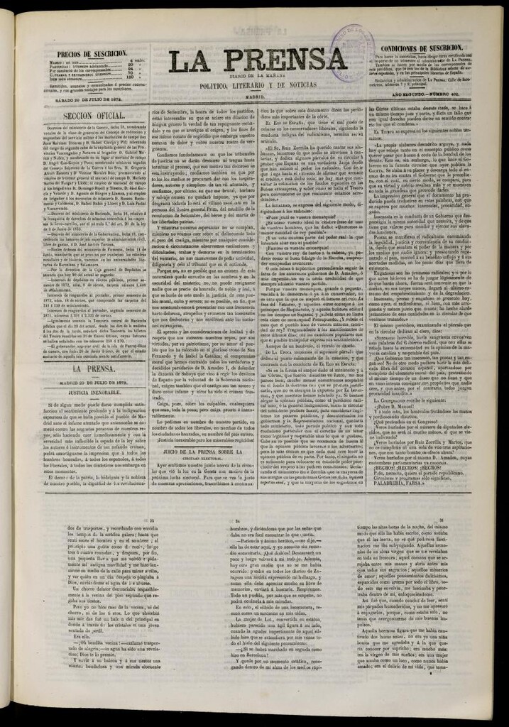 Miniatura de La Prensa : diario de la mañana : político, literario y de noticias del 20 de julio de 1872, nº 402
