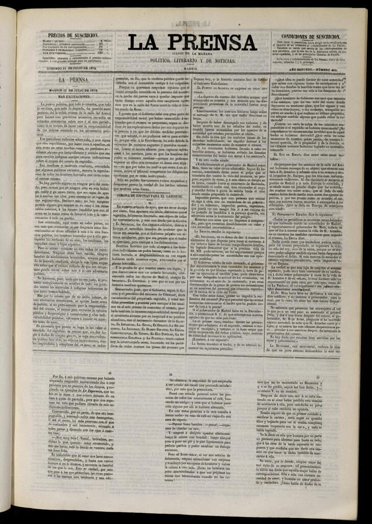 Miniatura de La Prensa : diario de la mañana : político, literario y de noticias del 21 de julio de 1872, nº 403