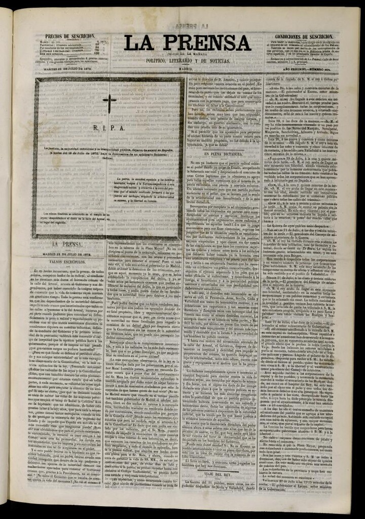 Miniatura de La Prensa : diario de la mañana : político, literario y de noticias del 23 de julio de 1872, nº 404