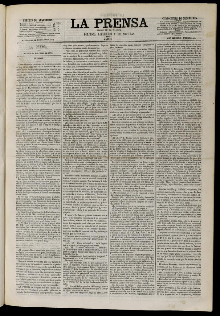 Miniatura de La Prensa : diario de la mañana : político, literario y de noticias del 24 de julio de 1872, nº 405