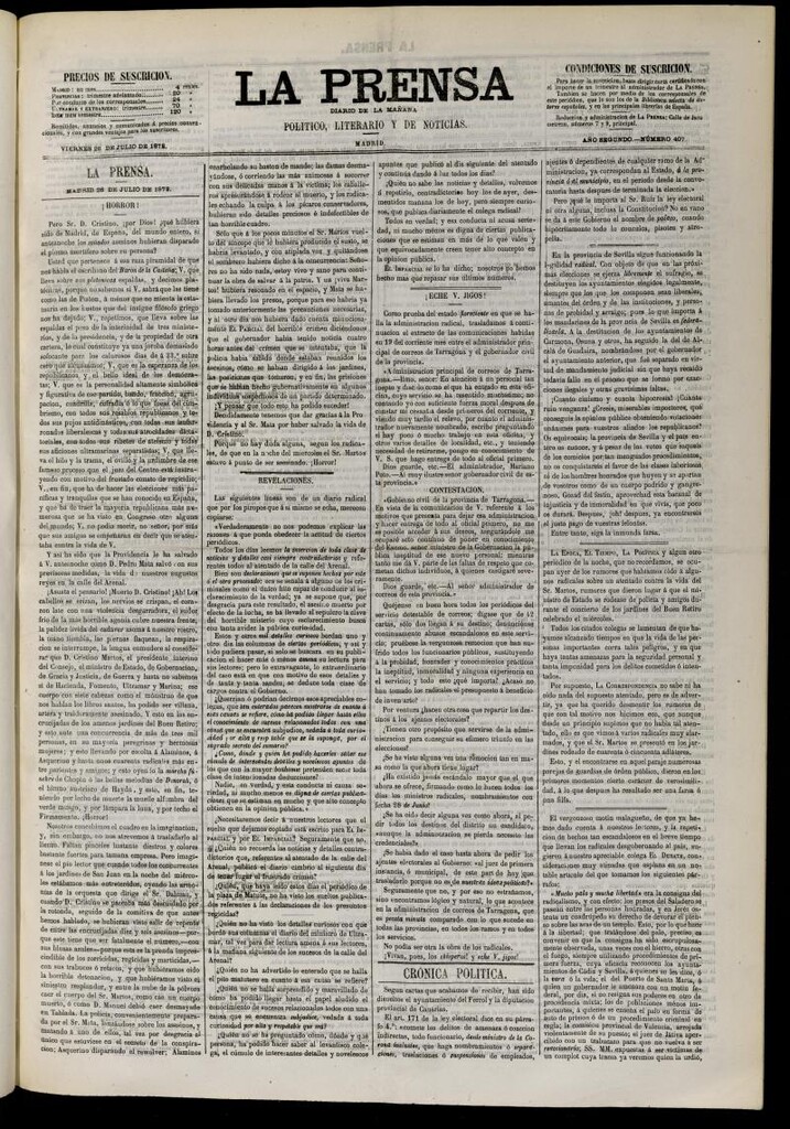 Miniatura de La Prensa : diario de la mañana : político, literario y de noticias del 26 de julio de 1872, nº 407