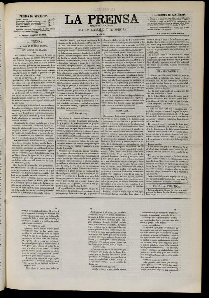 Miniatura de La Prensa : diario de la mañana : político, literario y de noticias del 27 de julio de 1872, nº 408