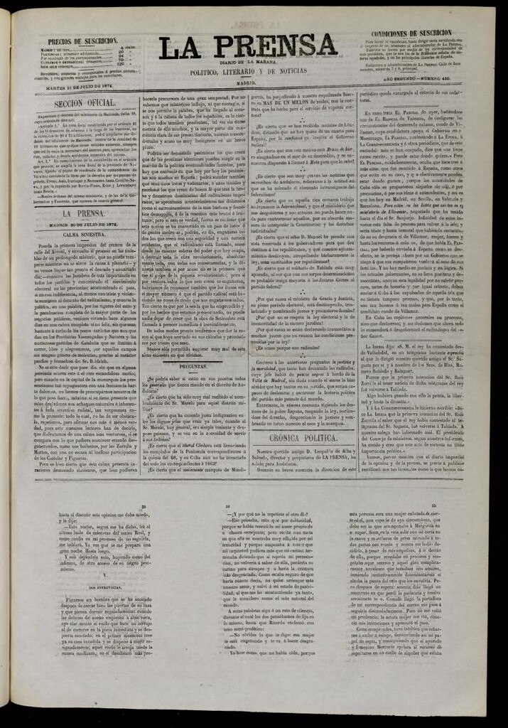 Miniatura de La Prensa : diario de la mañana : político, literario y de noticias del 31 de julio de 1872, nº 410