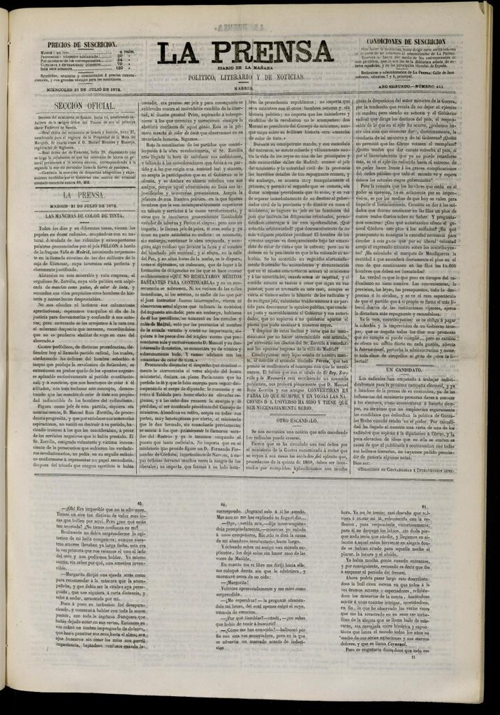 Miniatura de La Prensa : diario de la mañana : político, literario y de noticias del 31 de julio de 1872, nº 411