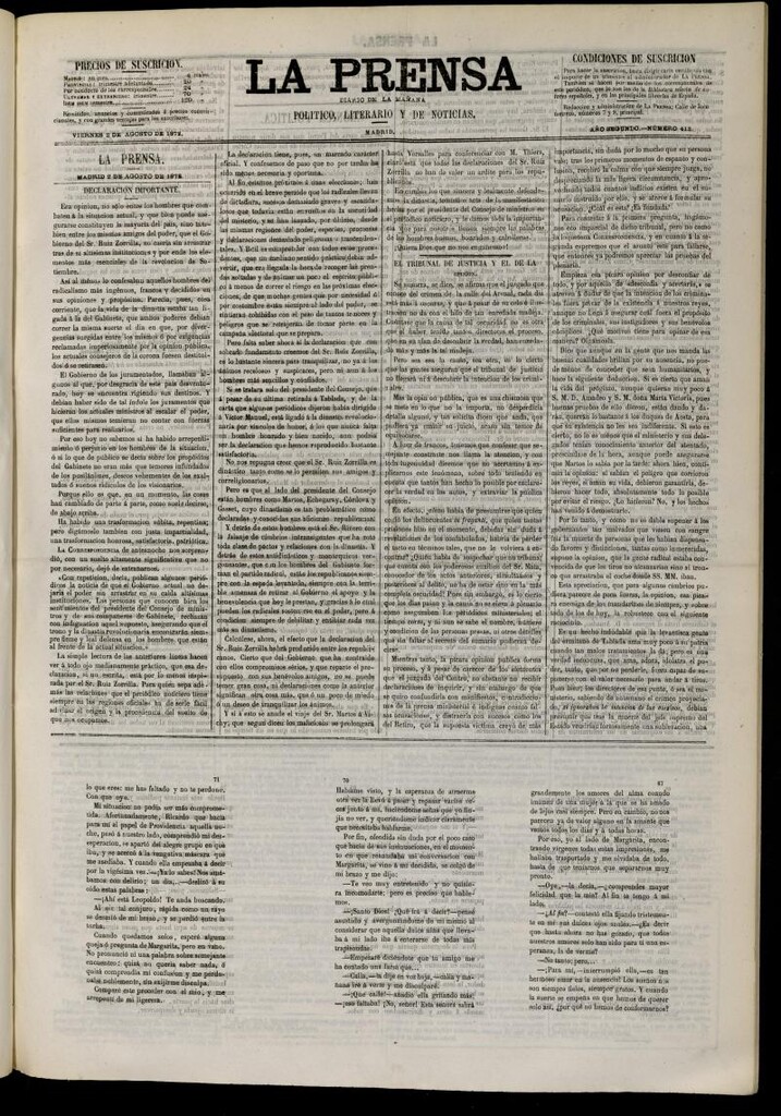 Miniatura de La Prensa : diario de la mañana : político, literario y de noticias del 2 de agosto de 1872, nº 413