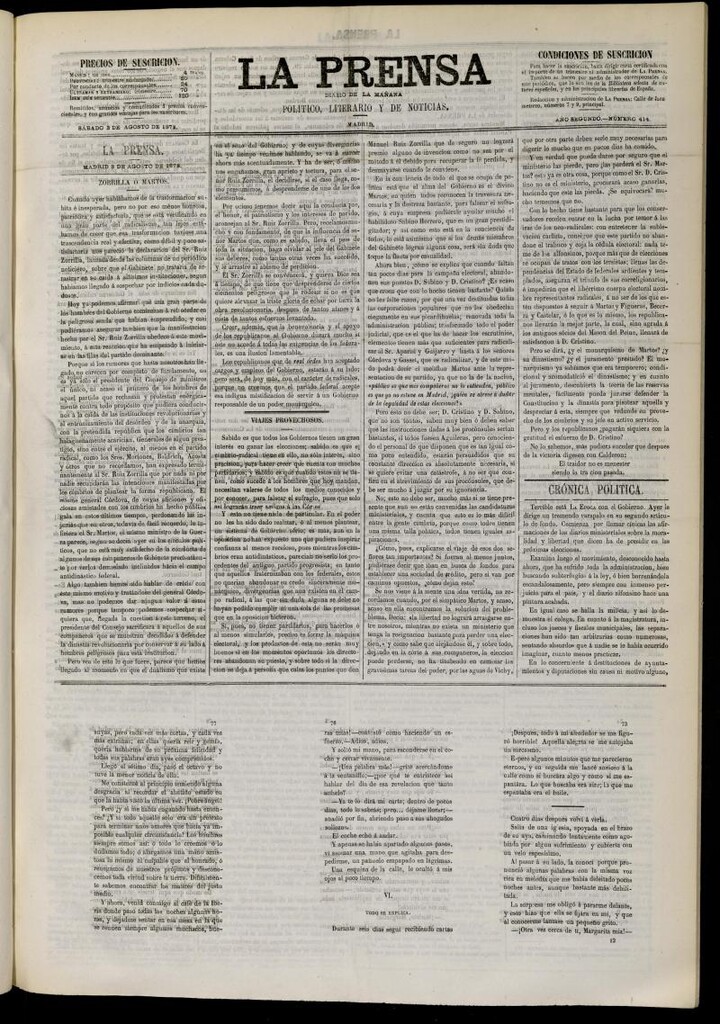 Miniatura de La Prensa : diario de la mañana : político, literario y de noticias del 3 de agosto de 1872, nº 414