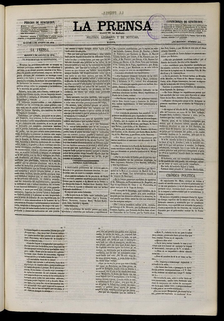 Miniatura de La Prensa : diario de la mañana : político, literario y de noticias del 6 de agosto de 1872, nº 416