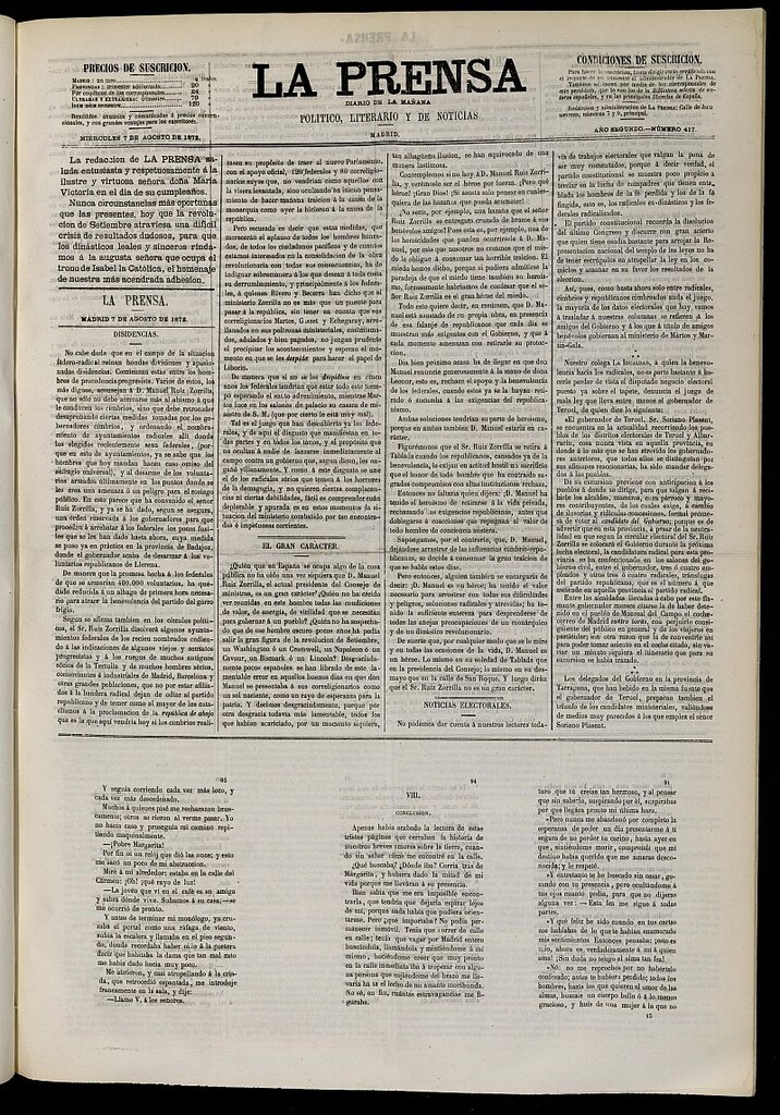 Miniatura de La Prensa : diario de la mañana : político, literario y de noticias del 7 de agosto de 1872, nº 417