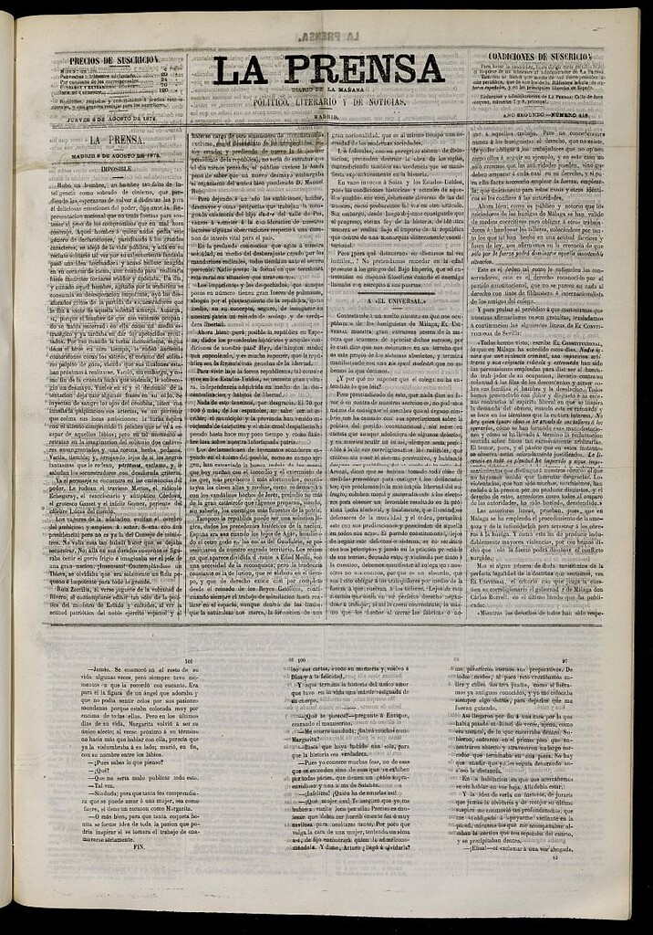Miniatura de La Prensa : diario de la mañana : político, literario y de noticias del 8 de agosto de 1872, nº 418