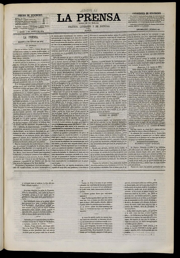 Miniatura de La Prensa : diario de la mañana : político, literario y de noticias del 11 de agosto de 1872, nº 421