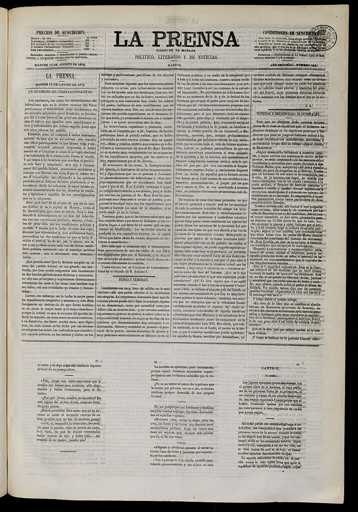 Miniatura de La Prensa : diario de la mañana : político, literario y de noticias del 13 de agosto de 1872, nº 422