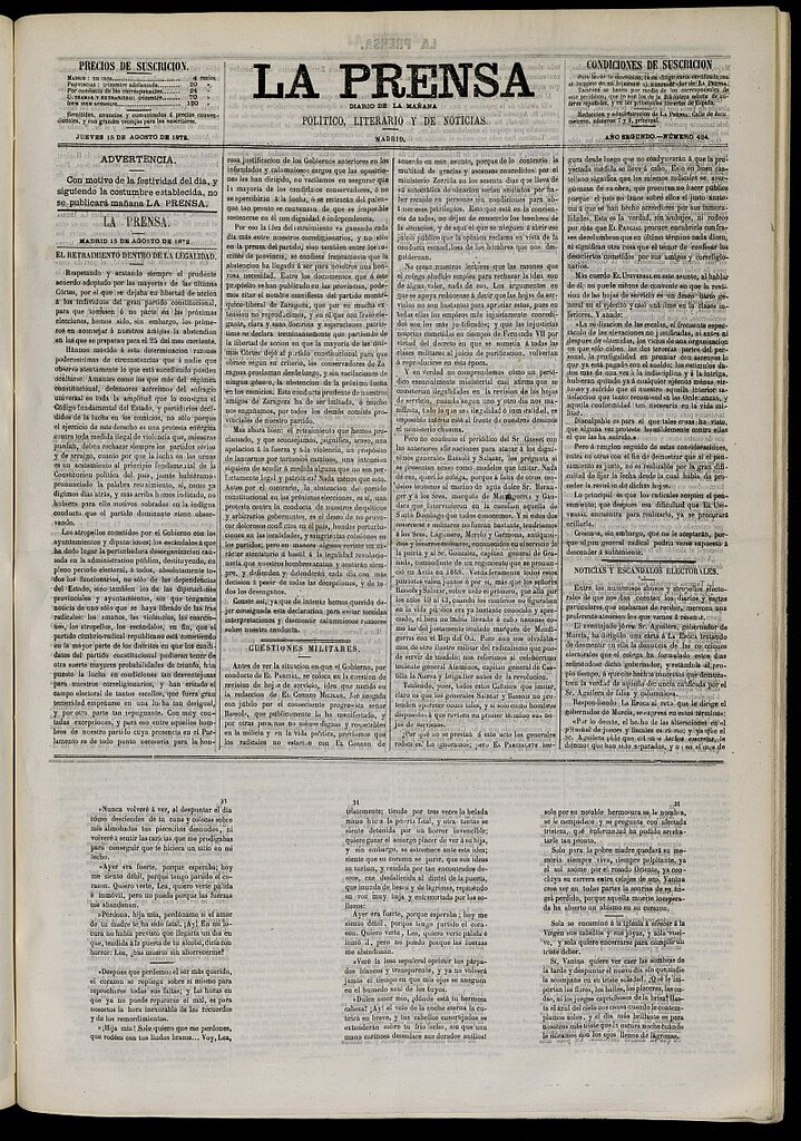 Miniatura de La Prensa : diario de la mañana : político, literario y de noticias del 15 de agosto de 1872, nº 424