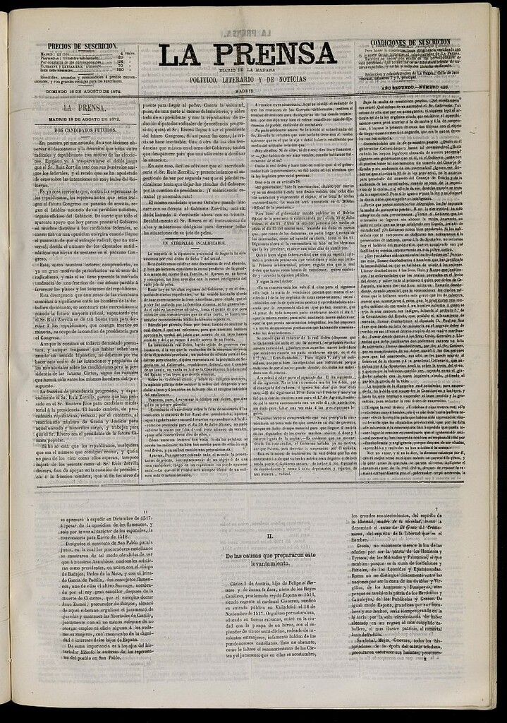 Miniatura de La Prensa : diario de la mañana : político, literario y de noticias del 18 de agosto de 1872, nº 426