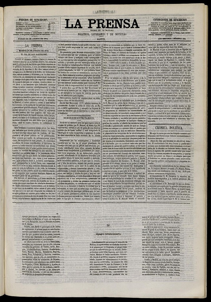 Miniatura de La Prensa : diario de la mañana : político, literario y de noticias del 24 de agosto de 1872, nº 429