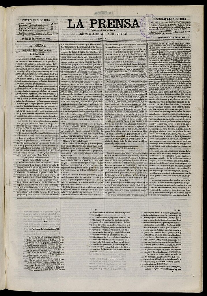 Miniatura de La Prensa : diario de la mañana : político, literario y de noticias del 27 de agosto de 1872, nº 431