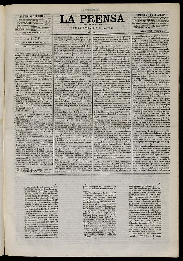 Miniatura de La Prensa : diario de la mañana : político, literario y de noticias del 29 de agosto de 1872, nº 433