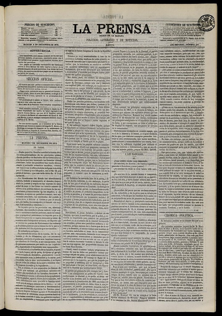 Miniatura de La Prensa : diario de la mañana : político, literario y de noticias del 3 de septiembre de 1872, nº 437