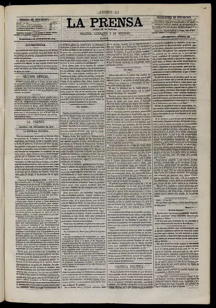 Miniatura de La Prensa : diario de la mañana : político, literario y de noticias del 4 de septiembre de 1872, nº 438
