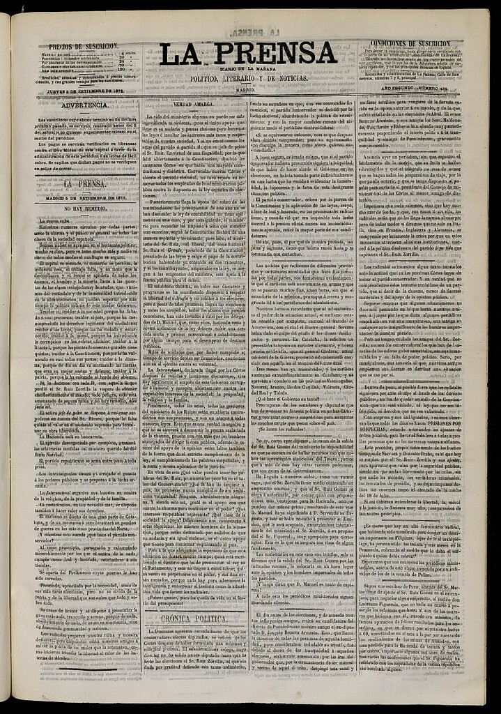Miniatura de La Prensa : diario de la mañana : político, literario y de noticias del 5 de septiembre de 1872, nº 439