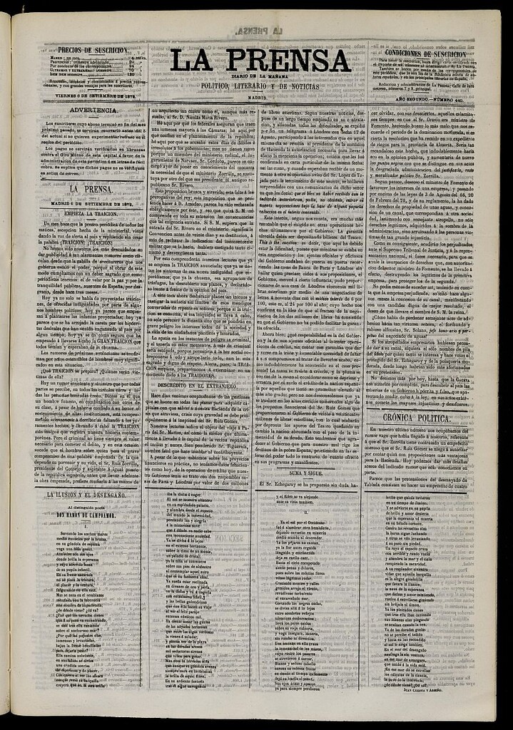 Miniatura de La Prensa : diario de la mañana : político, literario y de noticias del 6 de septiembre de 1872, nº 440