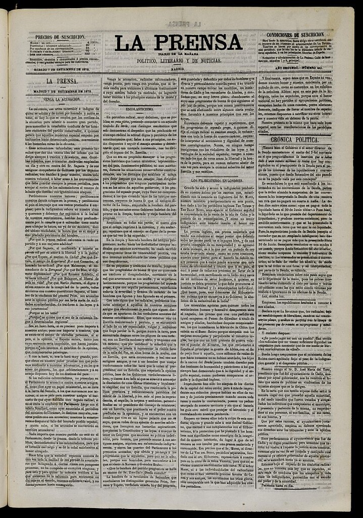 Miniatura de La Prensa : diario de la mañana : político, literario y de noticias del 7 de septiembre de 1872, nº 441