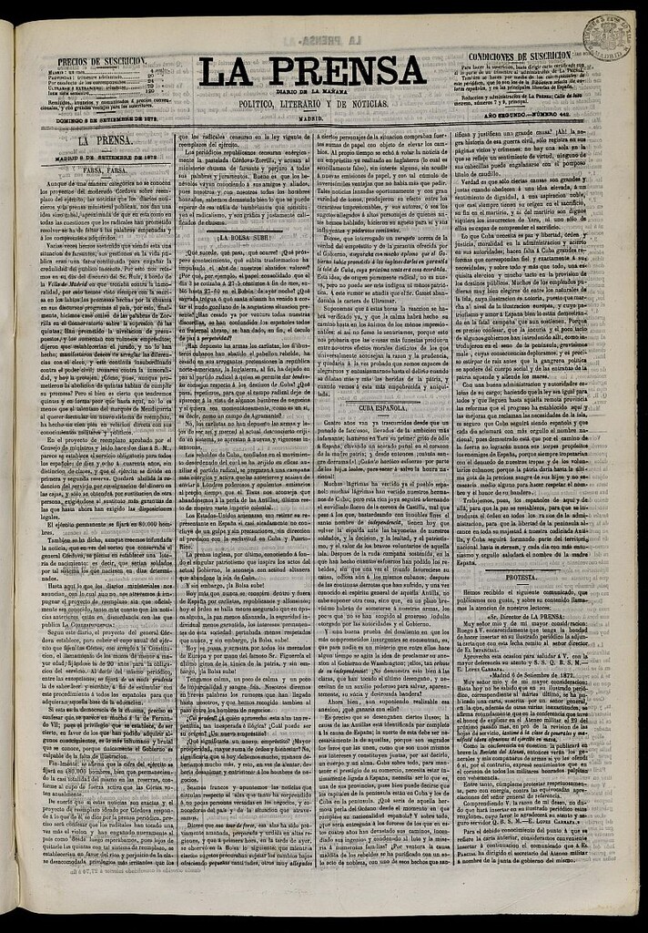 Miniatura de La Prensa : diario de la mañana : político, literario y de noticias del 8 de septiembre de 1872, nº 442