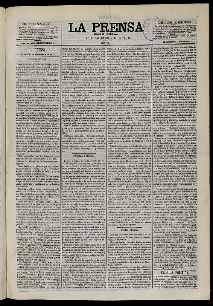 Miniatura de La Prensa : diario de la mañana : político, literario y de noticias del 10 de septiembre de 1872, nº 443