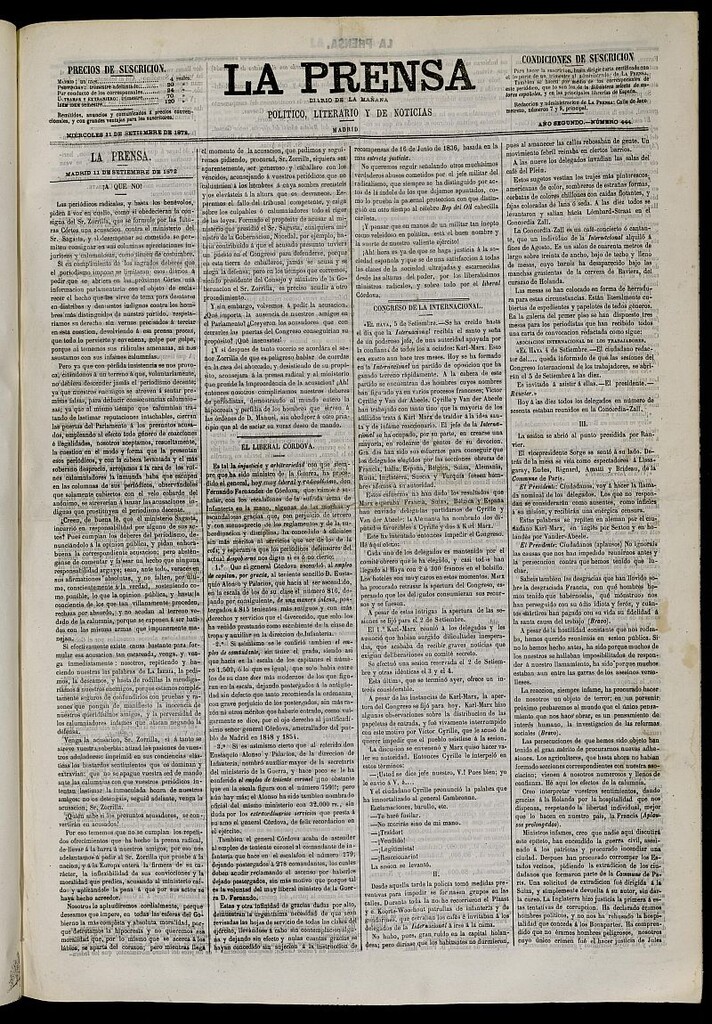 Miniatura de La Prensa : diario de la mañana : político, literario y de noticias del 11 de septiembre de 1872, nº 444
