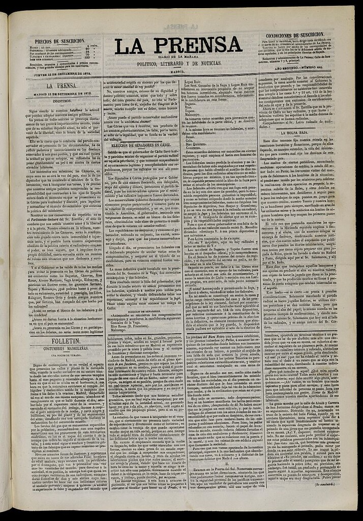 Miniatura de La Prensa : diario de la mañana : político, literario y de noticias del 12 de septiembre de 1872, nº 445