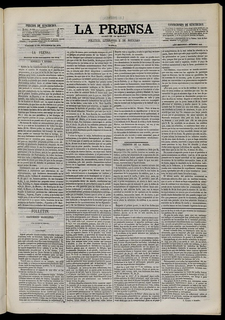 Miniatura de La Prensa : diario de la mañana : político, literario y de noticias del 13 de septiembre de 1872, nº 446