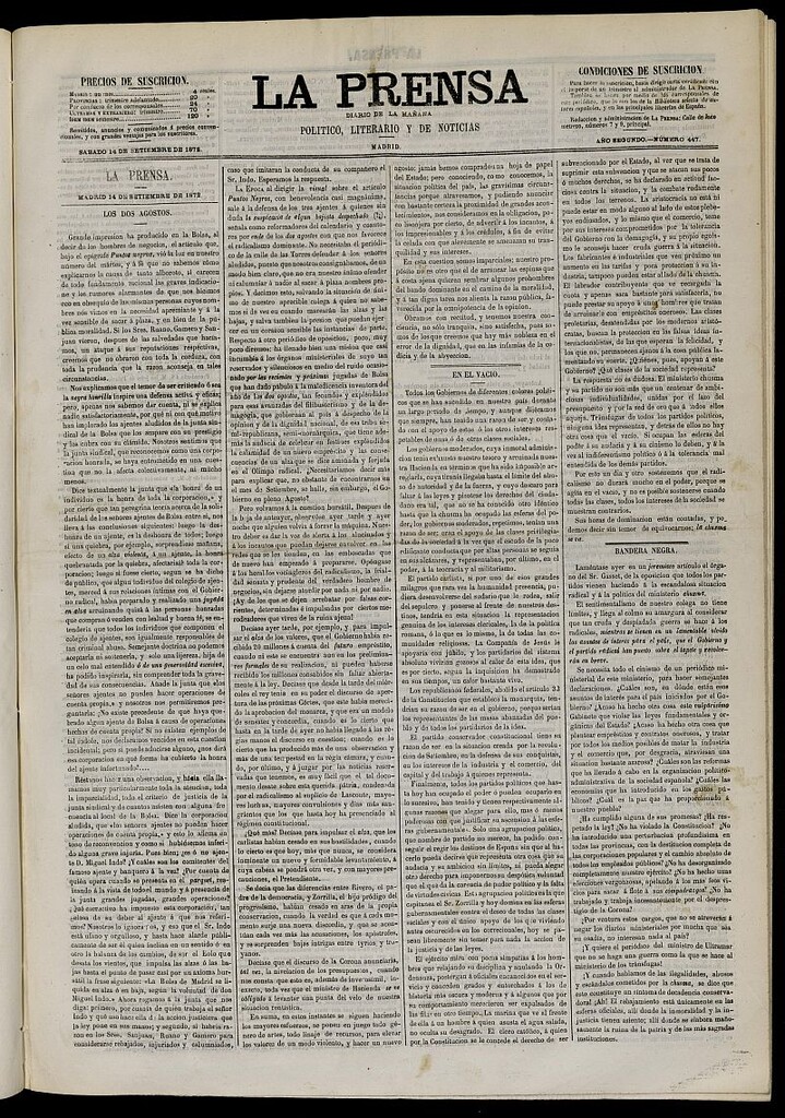 Miniatura de La Prensa : diario de la mañana : político, literario y de noticias del 14 de septiembre de 1872, nº 447