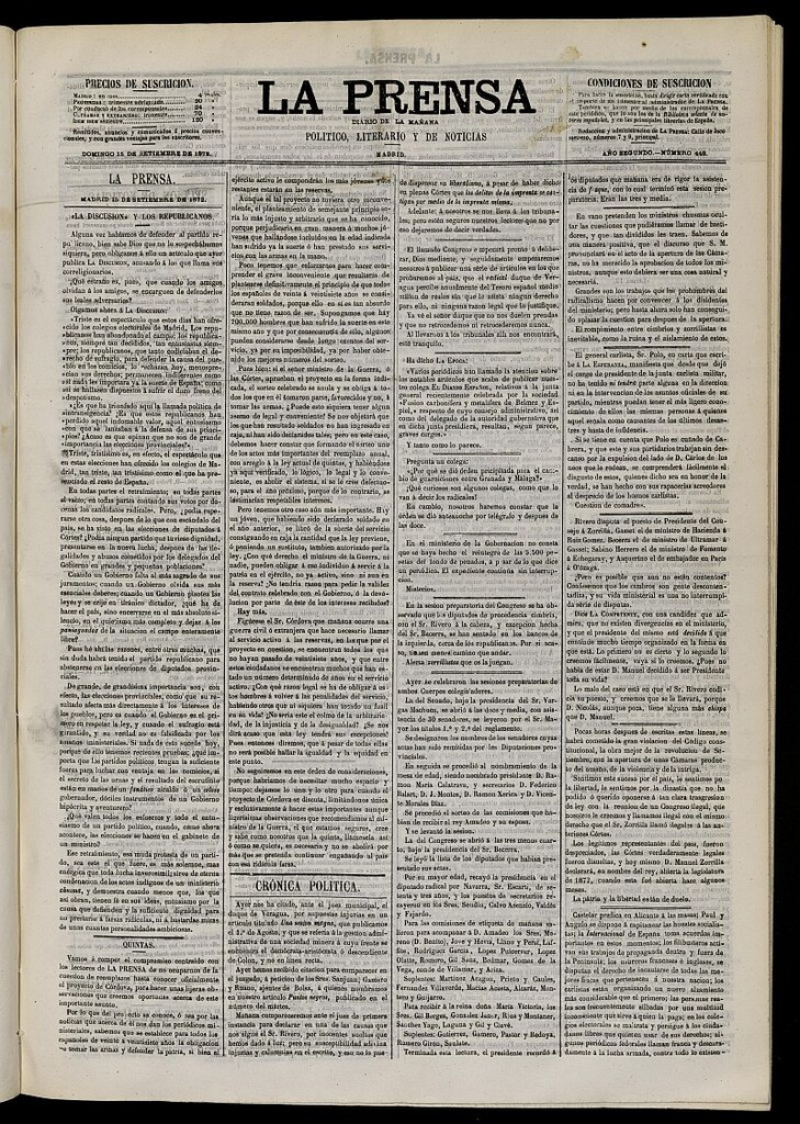 Miniatura de La Prensa : diario de la mañana : político, literario y de noticias del 15 de septiembre de 1872, nº 448