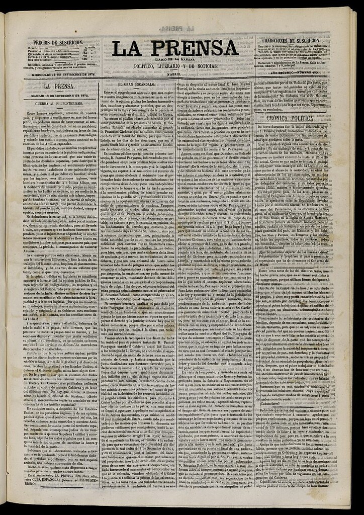 Miniatura de La Prensa : diario de la mañana : político, literario y de noticias del 18 de septiembre de 1872, nº 450