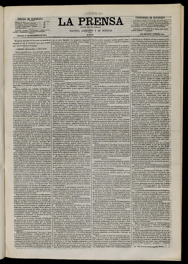 Miniatura de La Prensa : diario de la mañana : político, literario y de noticias del 17 de septiembre de 1872, nº 449