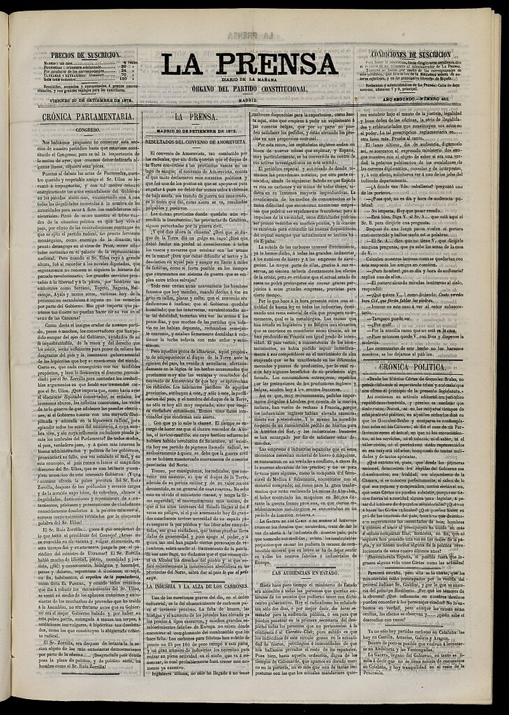 Miniatura de La Prensa : diario de la mañana : político, literario y de noticias del 20 de septiembre de 1872, nº 452