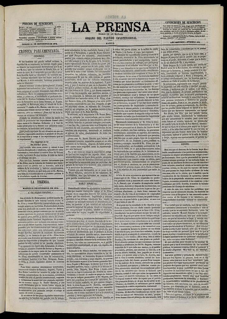 Miniatura de La Prensa : diario de la mañana : político, literario y de noticias del 21 de septiembre de 1872, nº 453