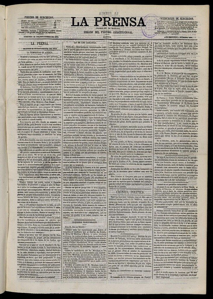 Miniatura de La Prensa : diario de la mañana : político, literario y de noticias del 22 de septiembre de 1872, nº 454