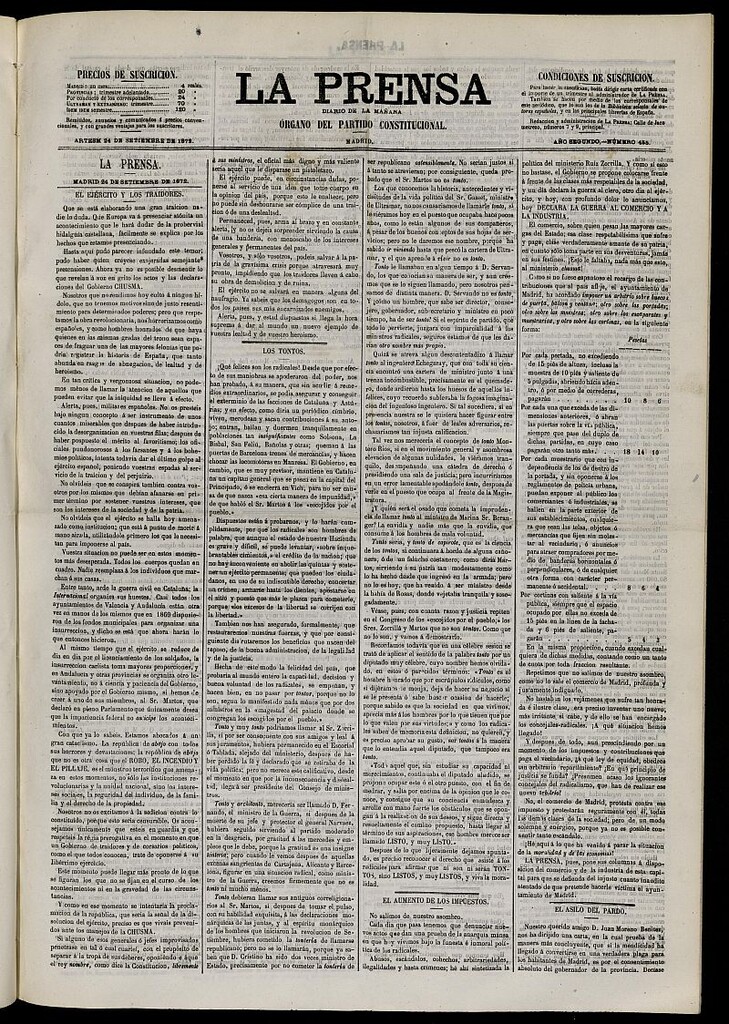 Miniatura de La Prensa : diario de la mañana : político, literario y de noticias del 24 de septiembre de 1872, nº 455