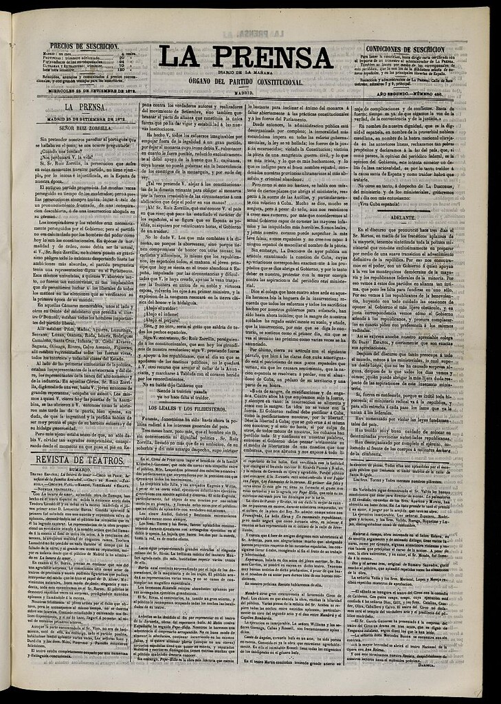 Miniatura de La Prensa : diario de la mañana : político, literario y de noticias del 25 de septiembre de 1872, nº 456