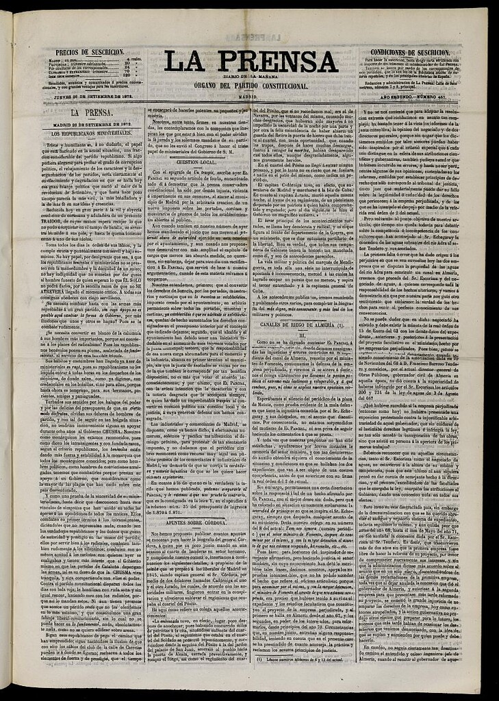 Miniatura de La Prensa : diario de la mañana : político, literario y de noticias del 26 de septiembre de 1872, nº 457