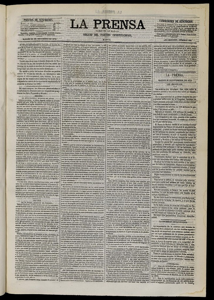 Miniatura de La Prensa : diario de la mañana : político, literario y de noticias del 28 de septiembre de 1872, nº 459