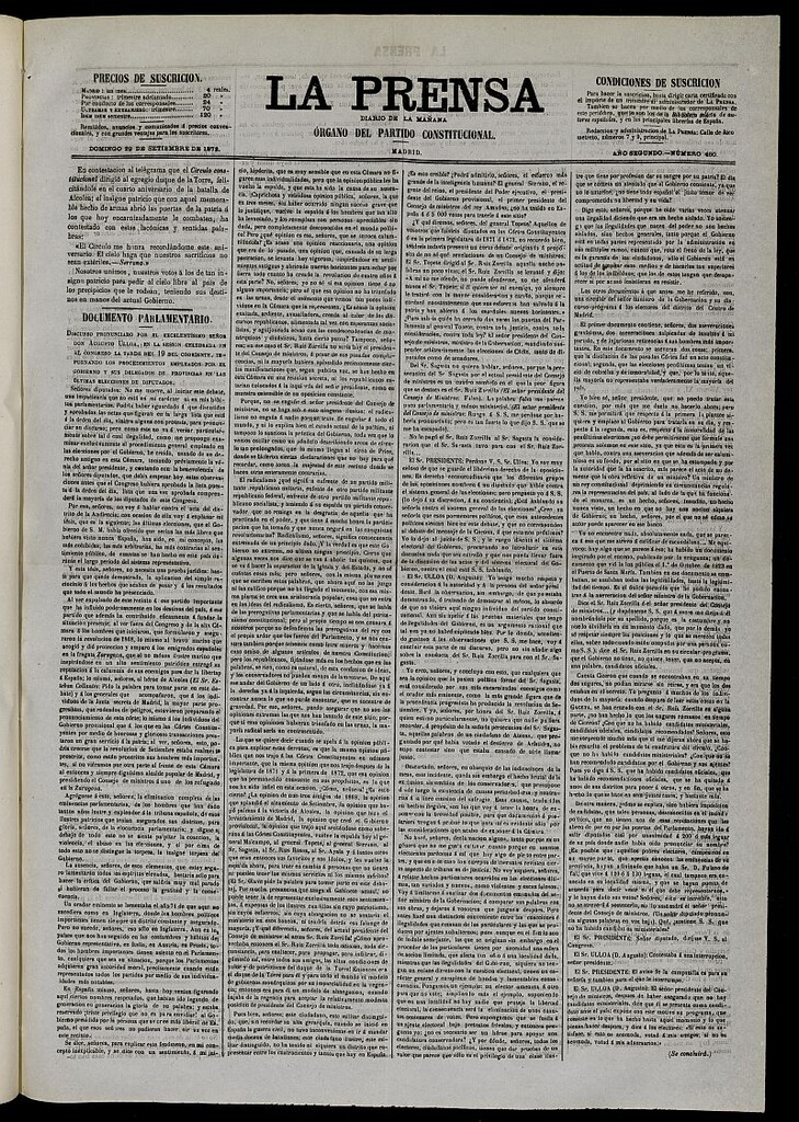 Miniatura de La Prensa : diario de la mañana : político, literario y de noticias del 29 de septiembre de 1872, nº 460