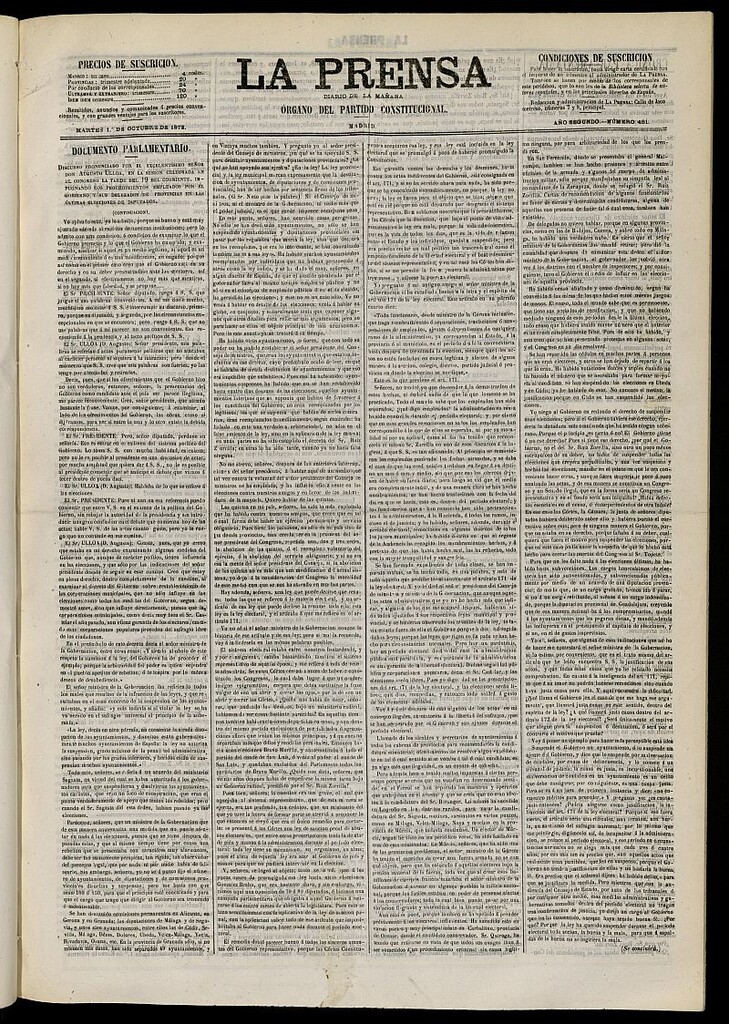 Miniatura de La Prensa : diario de la mañana : político, literario y de noticias del 1 de octubre de 1872, nº 461