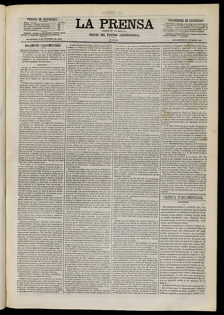 Miniatura de La Prensa : diario de la mañana : político, literario y de noticias del 2 de octubre de 1872, nº 462