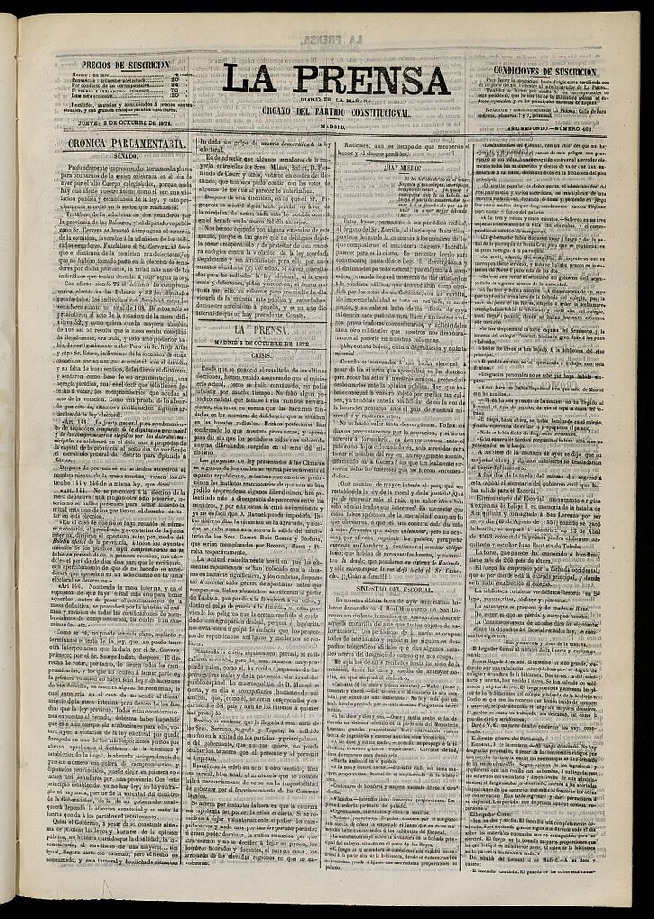 Miniatura de La Prensa : diario de la mañana : político, literario y de noticias del 3 de octubre de 1872, nº 463