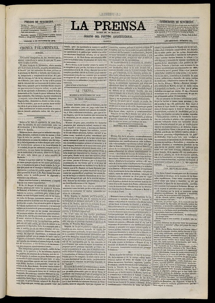 Miniatura de La Prensa : diario de la mañana : político, literario y de noticias del 4 de octubre de 1872, nº 464