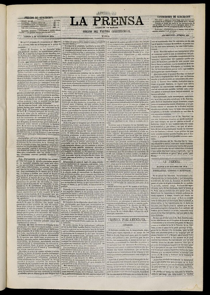 Miniatura de La Prensa : diario de la mañana : político, literario y de noticias del 5 de octubre de 1872, nº 465