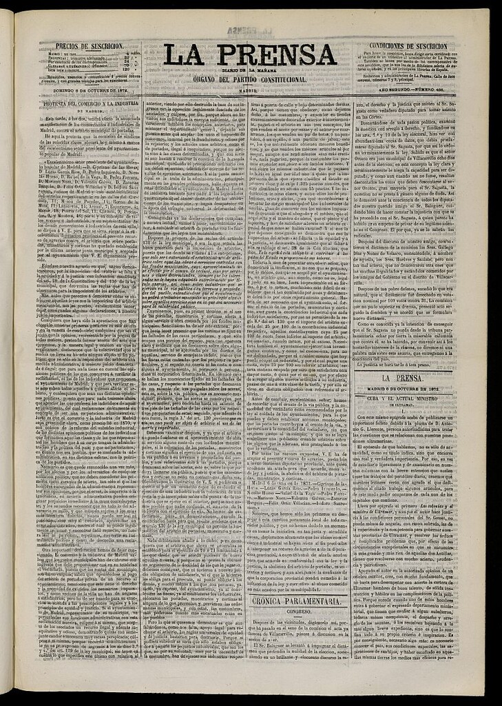 Miniatura de La Prensa : diario de la mañana : político, literario y de noticias del 6 de octubre de 1872, nº 466