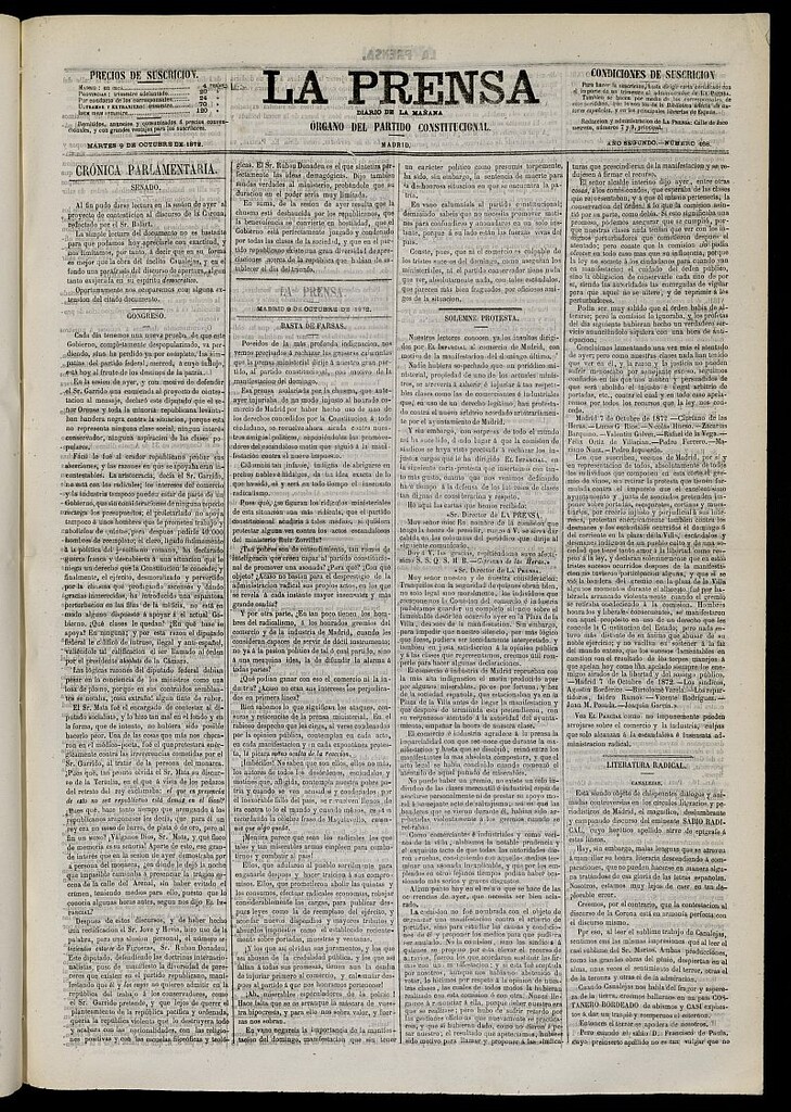 Miniatura de La Prensa : diario de la mañana : político, literario y de noticias del 9 de octubre de 1872, nº 468