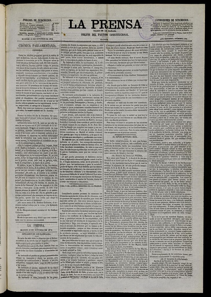 Miniatura de La Prensa : diario de la mañana : político, literario y de noticias del 10 de octubre de 1872, nº 469